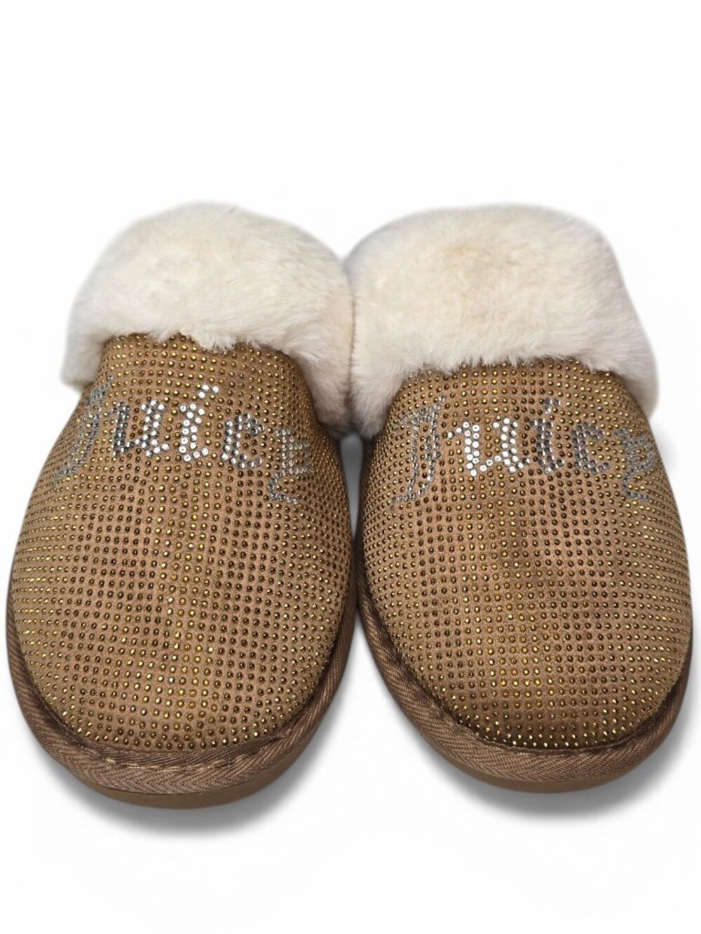 Juicy Couture Furry Slippers Women Rhinestone Spell Out Comfy Loungewear S